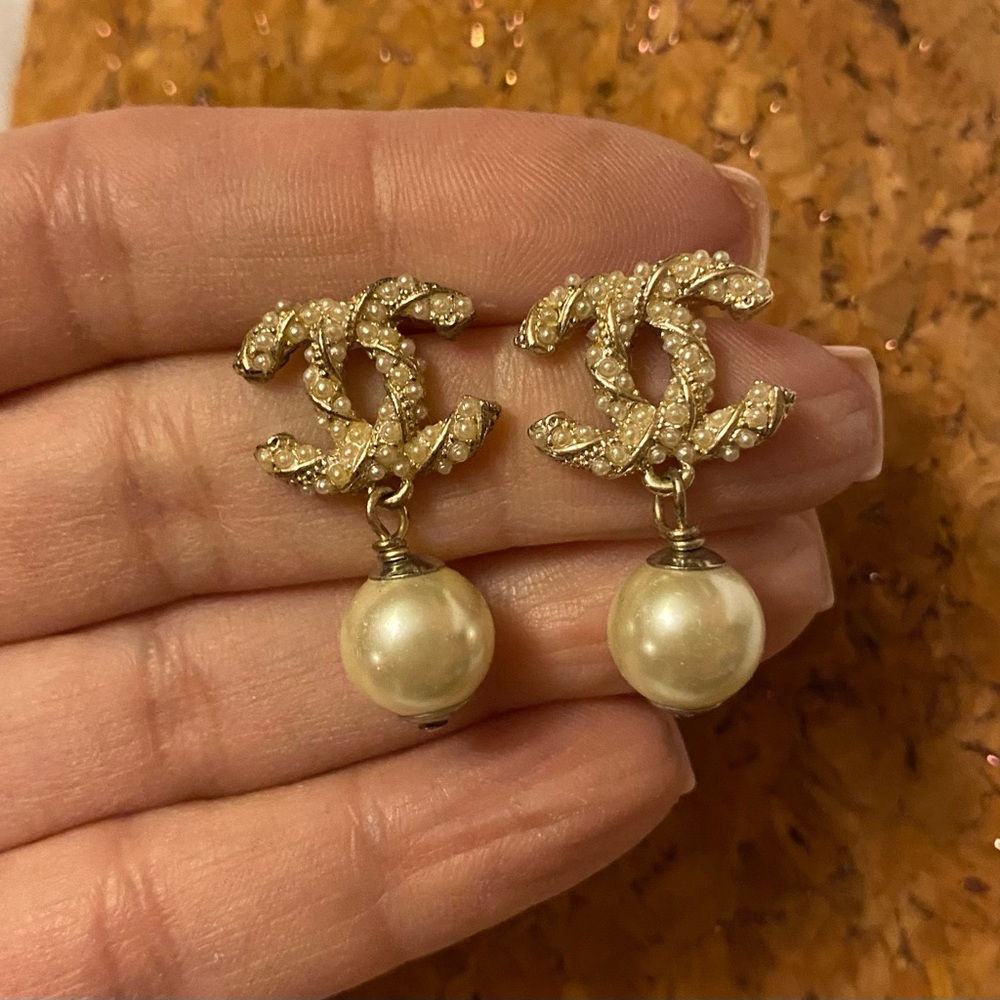 CC Faux Pearl Goldtone Pierced Earrings - Picture 2 of 5